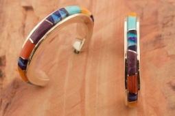 Calvin Begay Genuine Gemstone Sterling Silver Hoop Earrings
